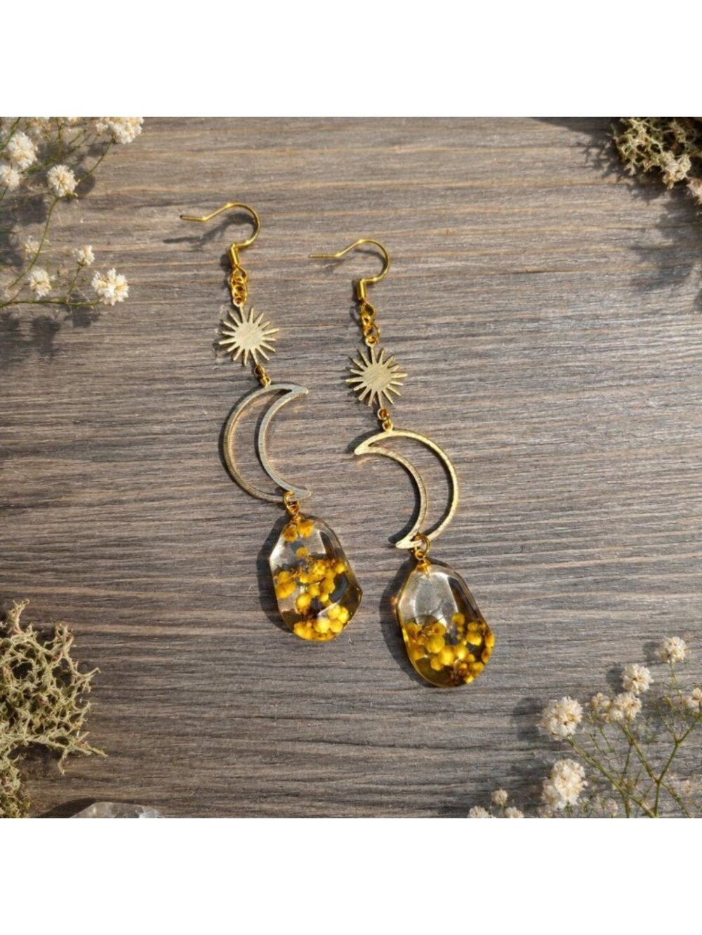 Pressed Flower Moon Earrings Celestial Earrings Real Flower Resin Earrings